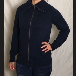 Ann Taylor navy collared knit zip up (L)